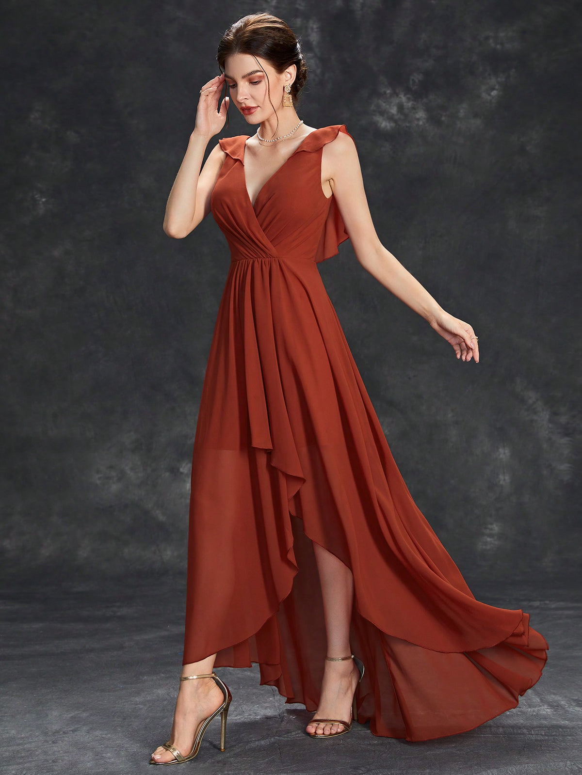 Ruffle Trim Wrap Chiffon Bridesmaid Dress