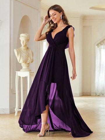 Ruffle Trim Wrap Chiffon Bridesmaid Dress