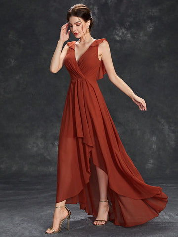 Ruffle Trim Wrap Chiffon Bridesmaid Dress