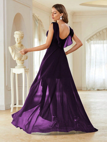 Ruffle Trim Wrap Chiffon Bridesmaid Dress