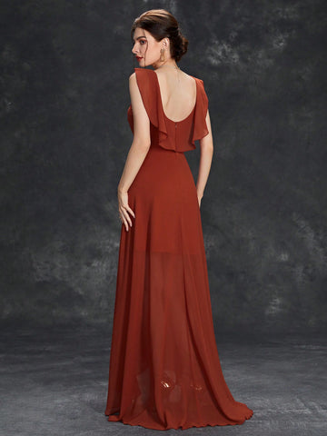 Ruffle Trim Wrap Chiffon Bridesmaid Dress