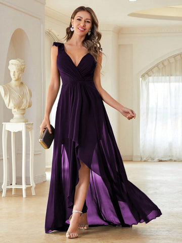 Ruffle Trim Wrap Chiffon Bridesmaid Dress