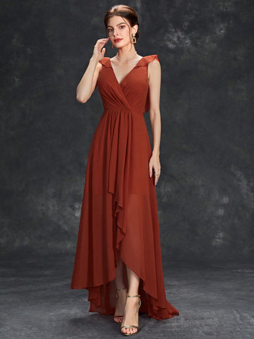 Ruffle Trim Wrap Chiffon Bridesmaid Dress