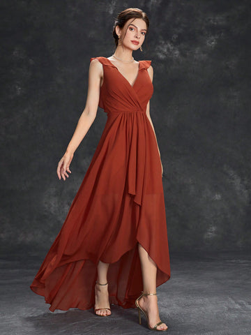 Ruffle Trim Wrap Chiffon Bridesmaid Dress