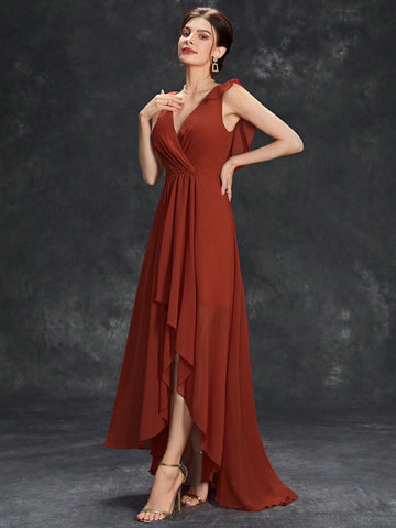 Ruffle Trim Wrap Chiffon Bridesmaid Dress
