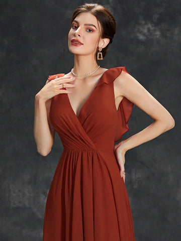 Ruffle Trim Wrap Chiffon Bridesmaid Dress