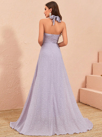 Ruffle Trimmed Jacquard Bridesmaid Dress With Halter Neckline