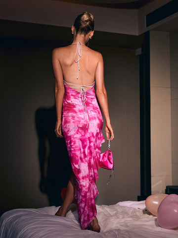 Runel Backless Floral Asymmetric Dress In Hot Pink