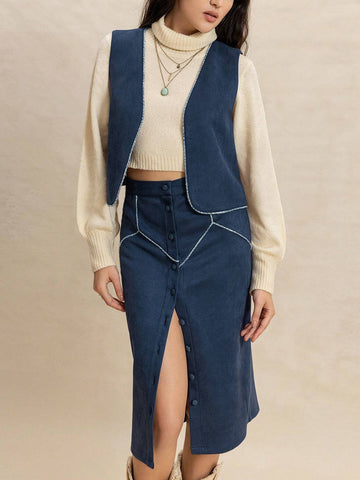 Rusttydustty 2pcs/Set Women Faux Suede Vest And Blue Casual Skirt Outfit, Warm Autumn/Winter
