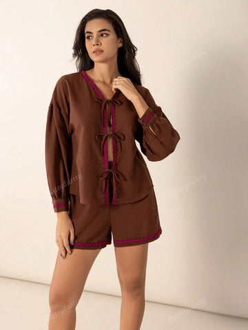 Rusttydustty 2pcs Bohemian Casual Outdoor & Home Cocoa Maillard Lace-Up Loose Fit Women''s Set