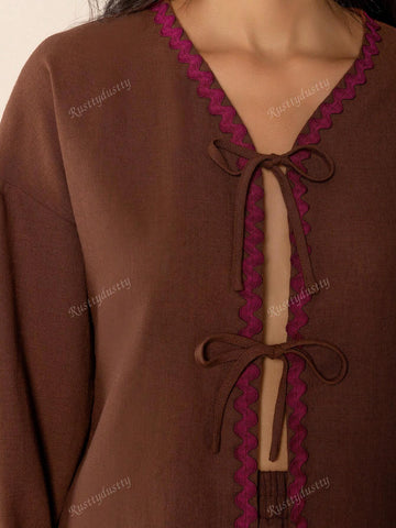 Rusttydustty 2pcs Bohemian Casual Outdoor & Home Cocoa Maillard Lace-Up Loose Fit Women''s Set