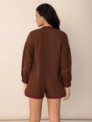 Rusttydustty 2pcs Bohemian Casual Outdoor & Home Cocoa Maillard Lace-Up Loose Fit Women''s Set