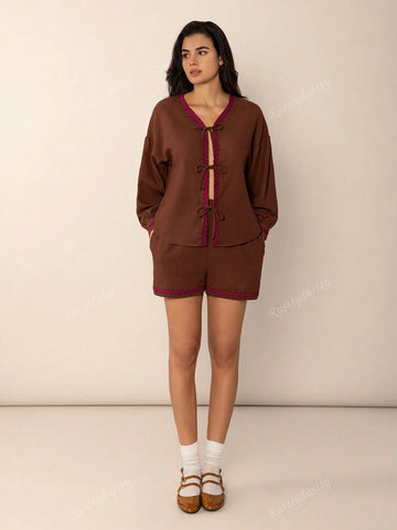 Rusttydustty 2pcs Bohemian Casual Outdoor & Home Cocoa Maillard Lace-Up Loose Fit Women''s Set