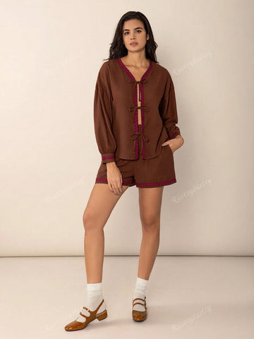 Rusttydustty 2pcs Bohemian Casual Outdoor & Home Cocoa Maillard Lace-Up Loose Fit Women''s Set