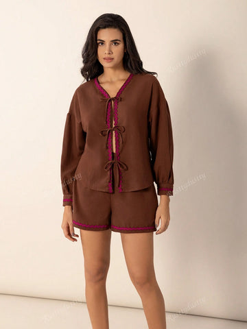 Rusttydustty 2pcs Bohemian Casual Outdoor & Home Cocoa Maillard Lace-Up Loose Fit Women''s Set