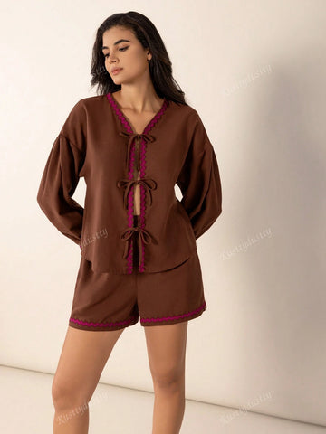 Rusttydustty 2pcs Bohemian Casual Outdoor & Home Cocoa Maillard Lace-Up Loose Fit Women''s Set