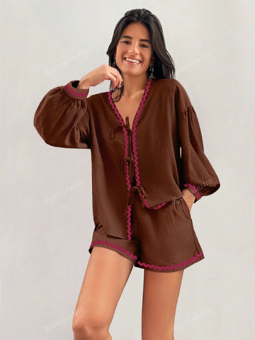 Rusttydustty 2pcs Bohemian Casual Outdoor & Home Cocoa Maillard Lace-Up Loose Fit Women''s Set