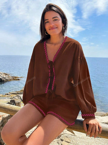 Rusttydustty 2pcs Bohemian Casual Outdoor & Home Cocoa Maillard Lace-Up Loose Fit Women''s Set