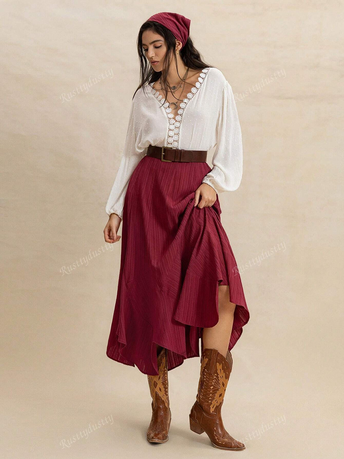 Rusttydustty Bohemian Asymmetrical Hem Relaxed Fit Skirt In Burgundy, Made Of Flowing Textured Fabric