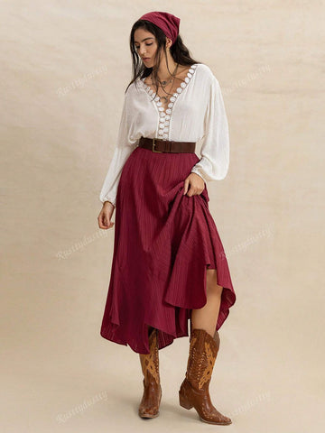 Rusttydustty Bohemian Asymmetrical Hem Relaxed Fit Skirt In Burgundy, Made Of Flowing Textured Fabric