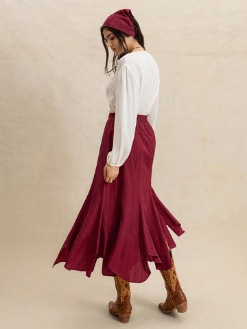 Rusttydustty Bohemian Asymmetrical Hem Relaxed Fit Skirt In Burgundy, Made Of Flowing Textured Fabric
