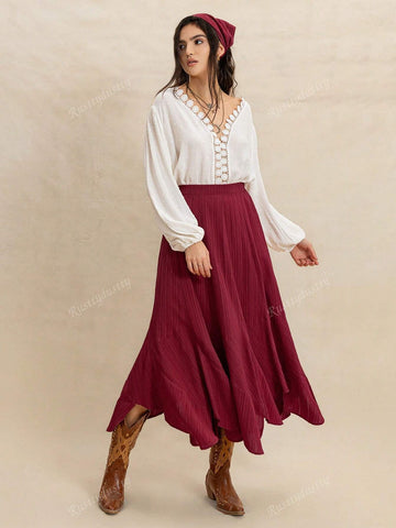 Rusttydustty Bohemian Asymmetrical Hem Relaxed Fit Skirt In Burgundy, Made Of Flowing Textured Fabric