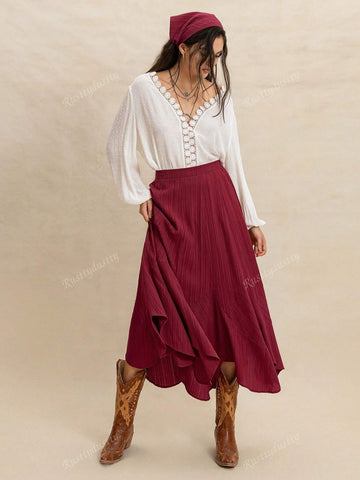 Rusttydustty Bohemian Asymmetrical Hem Relaxed Fit Skirt In Burgundy, Made Of Flowing Textured Fabric