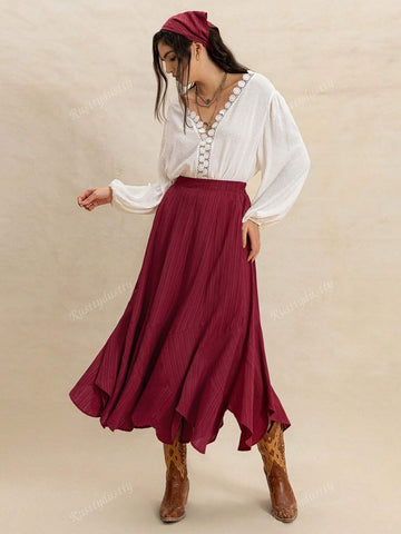 Rusttydustty Bohemian Asymmetrical Hem Relaxed Fit Skirt In Burgundy, Made Of Flowing Textured Fabric