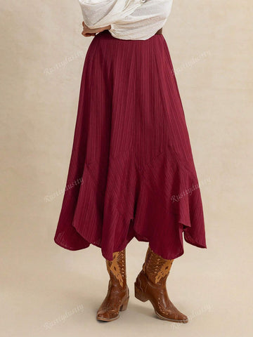 Rusttydustty Bohemian Asymmetrical Hem Relaxed Fit Skirt In Burgundy, Made Of Flowing Textured Fabric