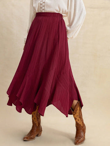 Rusttydustty Bohemian Asymmetrical Hem Relaxed Fit Skirt In Burgundy, Made Of Flowing Textured Fabric