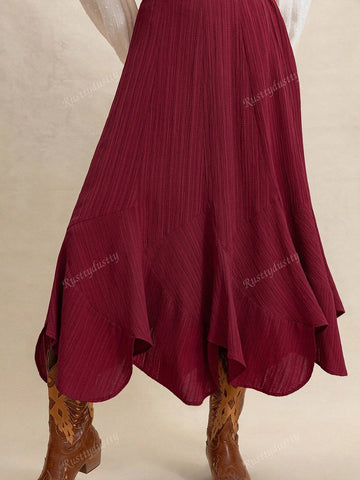 Rusttydustty Bohemian Asymmetrical Hem Relaxed Fit Skirt In Burgundy, Made Of Flowing Textured Fabric