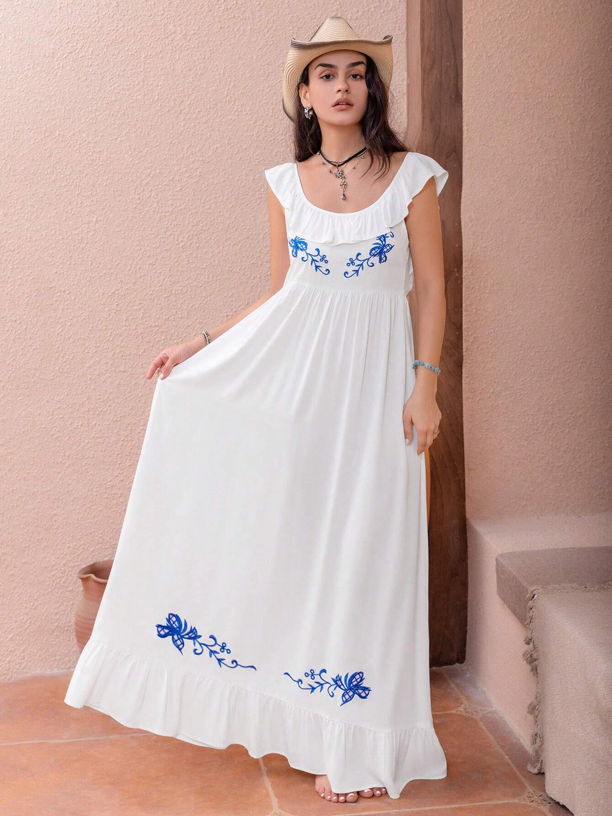 Rusttydustty Bohemian Casual White Embroidered Women's Vacation Dress