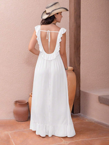 Rusttydustty Bohemian Casual White Embroidered Women's Vacation Dress