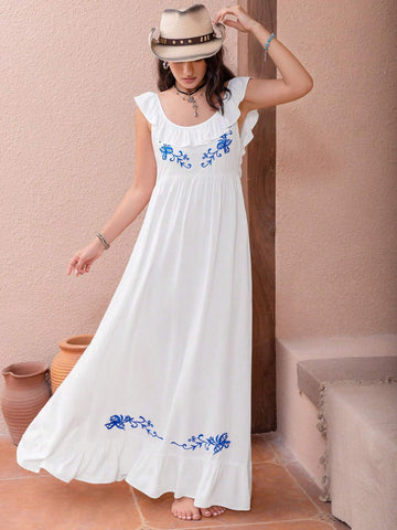 Rusttydustty Bohemian Casual White Embroidered Women's Vacation Dress