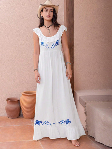 Rusttydustty Bohemian Casual White Embroidered Women's Vacation Dress