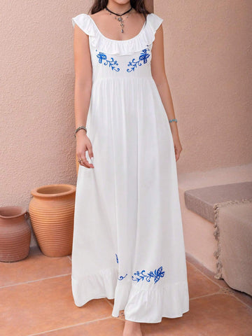 Rusttydustty Bohemian Casual White Embroidered Women's Vacation Dress