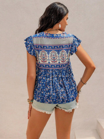 Rusttydustty Floral Print Butterfly Sleeve Blouse