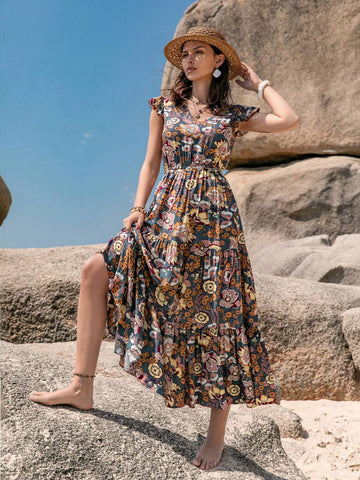 Rusttydustty Floral Print V-Neck Belted Ruffle Hem Dress With Decorative Trim