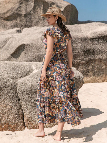 Rusttydustty Floral Print V-Neck Belted Ruffle Hem Dress With Decorative Trim