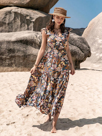 Rusttydustty Floral Print V-Neck Belted Ruffle Hem Dress With Decorative Trim