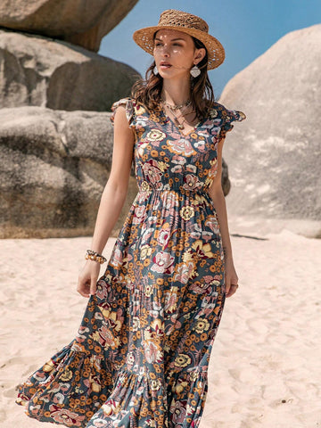 Rusttydustty Floral Print V-Neck Belted Ruffle Hem Dress With Decorative Trim