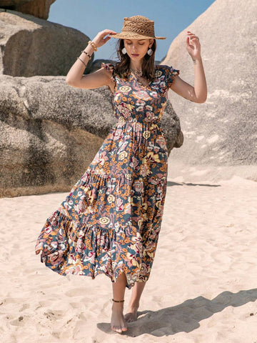 Rusttydustty Floral Print V-Neck Belted Ruffle Hem Dress With Decorative Trim