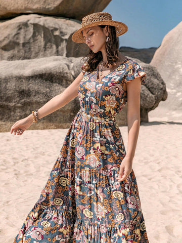 Rusttydustty Floral Print V-Neck Belted Ruffle Hem Dress With Decorative Trim