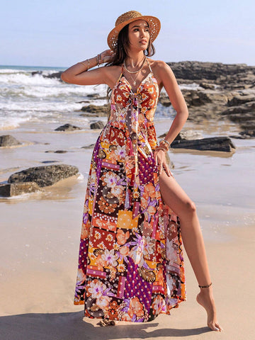 Rusttydustty Floral Print V-Neck Halter Maxi Dress With Front Slit