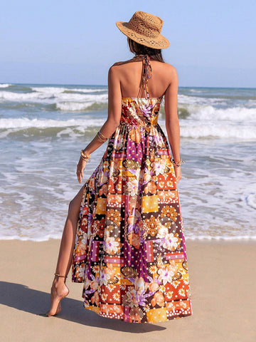 Rusttydustty Floral Print V-Neck Halter Maxi Dress With Front Slit