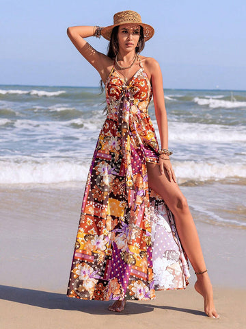 Rusttydustty Floral Print V-Neck Halter Maxi Dress With Front Slit