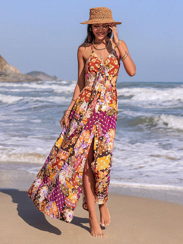 Rusttydustty Floral Print V-Neck Halter Maxi Dress With Front Slit
