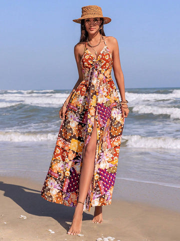 Rusttydustty Floral Print V-Neck Halter Maxi Dress With Front Slit