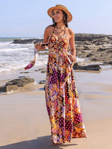 Rusttydustty Floral Print V-Neck Halter Maxi Dress With Front Slit