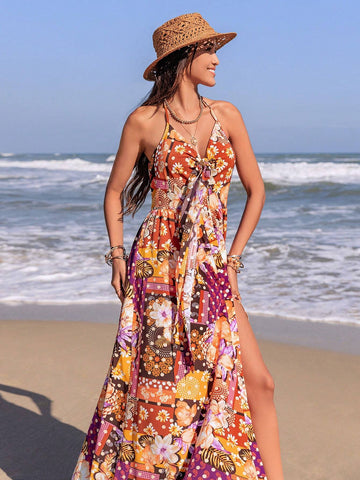 Rusttydustty Floral Print V-Neck Halter Maxi Dress With Front Slit